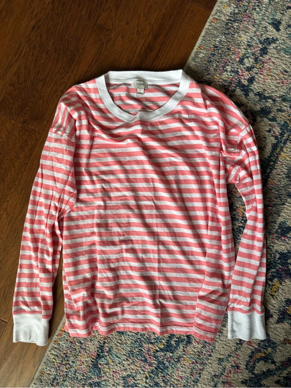 J.Crew Women’s Pink White Striped Long Sleeve Tee Size Large Casual Cotton Top